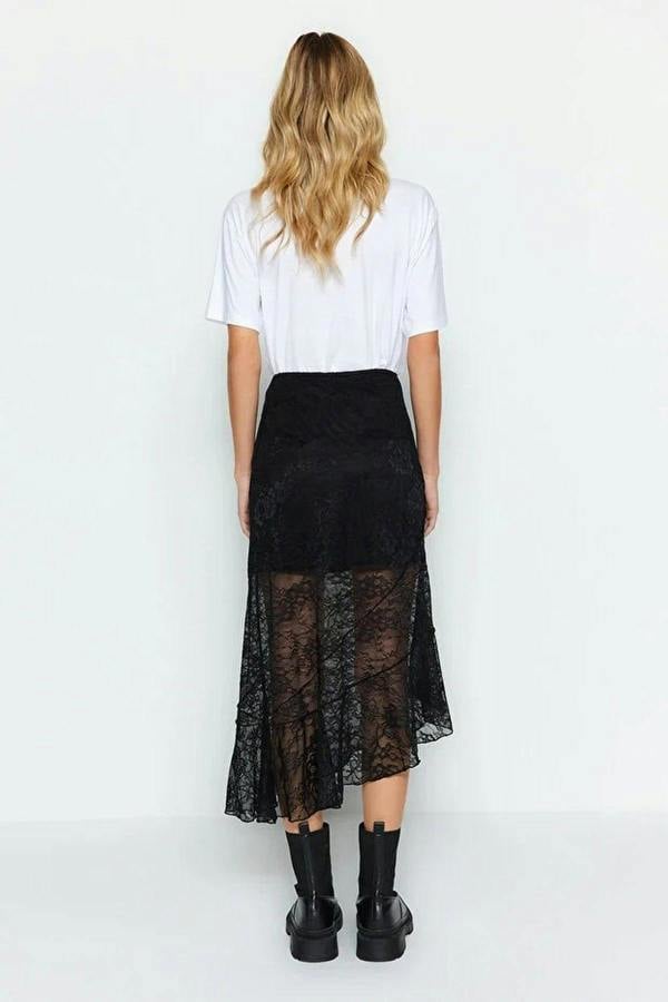 WOVCOR Asymmetrical Midi Lined Lace Knit Skirt