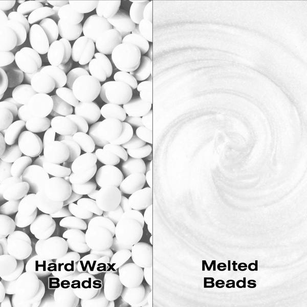 Over head image showing coconut scented GO SMOOTH STRIPLESS hard wax beads split 50/50. Left side shows hard wax beads. Right side shows melted hard wax beads in liquid form after being heated.