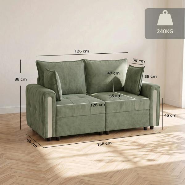 HOMCOM 2 Seater Sofa with Lift-Up Storage, 168 cm Velvet Couch, Dark Green