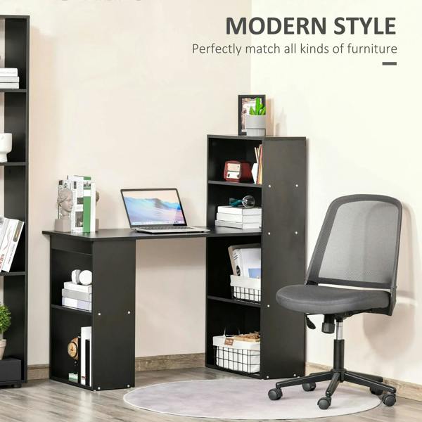 Black home office computer workstation desk with open shelves and tall side bookcase