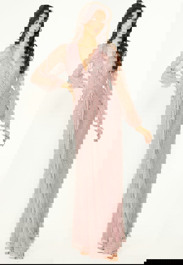 Embellished Long Mesh Sleeve Maxi Dress in Lavender - ANGELEYE