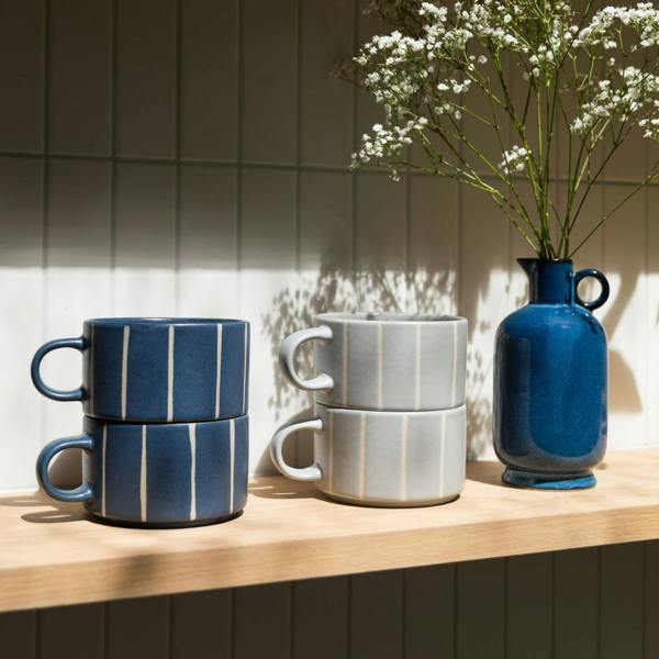 Scandi Home Luna Ceramic Coffee Mugs, Set of 2, 520ml, Navy Blue Striped Reactive Glaze