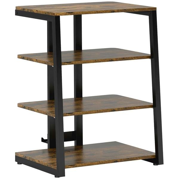 Hi-fi stand with rustic brown top and three open storage shelves, dark metal frame