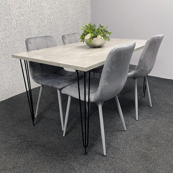 Kosy Koala Grey Dining Table with Hairpin Legs & 4 Grey Velvet Chairs Set for Kitchen & Dining Room