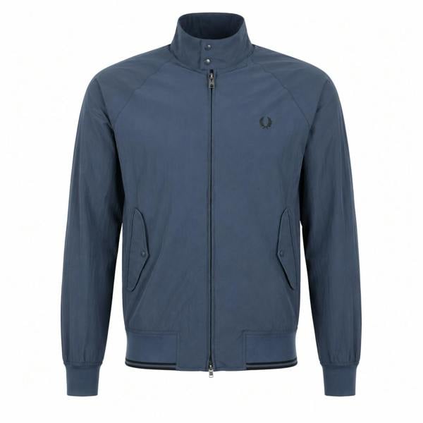Dark airforce blue Fred Perry crinkle Harrington jacket with a high collar, zip front, and embroidered laurel wreath logo.