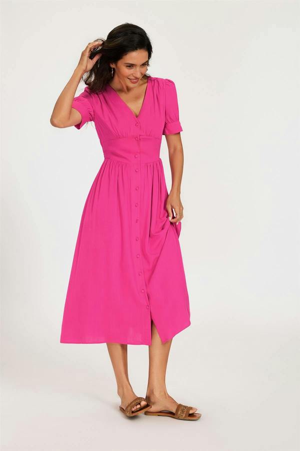 FS Collection Button Front Short Sleeve Midi Dress In Hot Pink