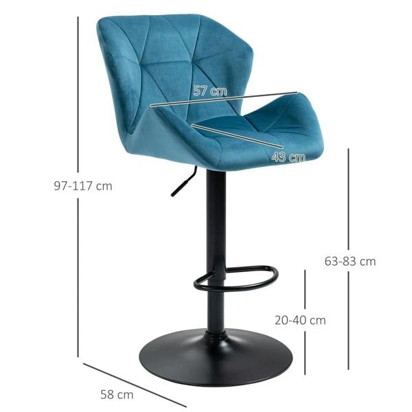 Blue velvet adjustable bar stool with black footrest and round base, side view