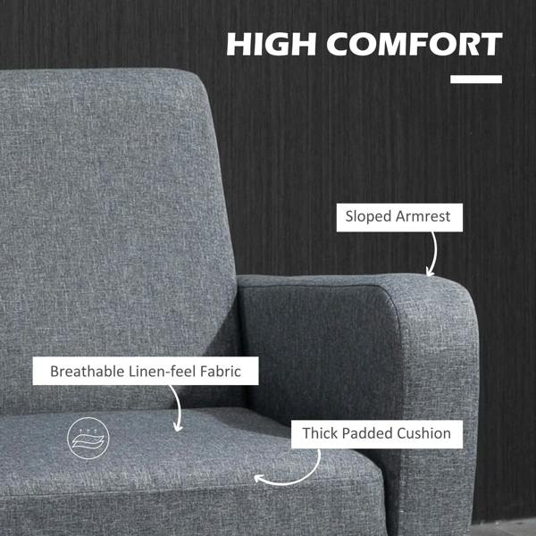 Grey accent chair highlighting sloped armrests and thick padded cushion