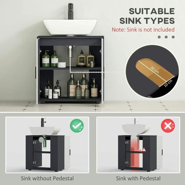 Light grey under-sink storage cabinet with open interior shelves and dark base