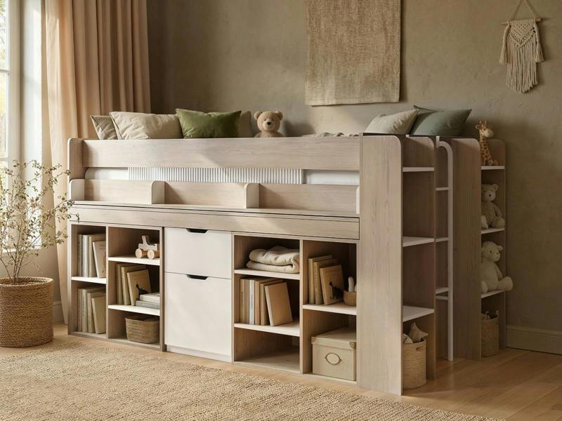 Micah Mid Sleeper Bed with Desk Oak & White