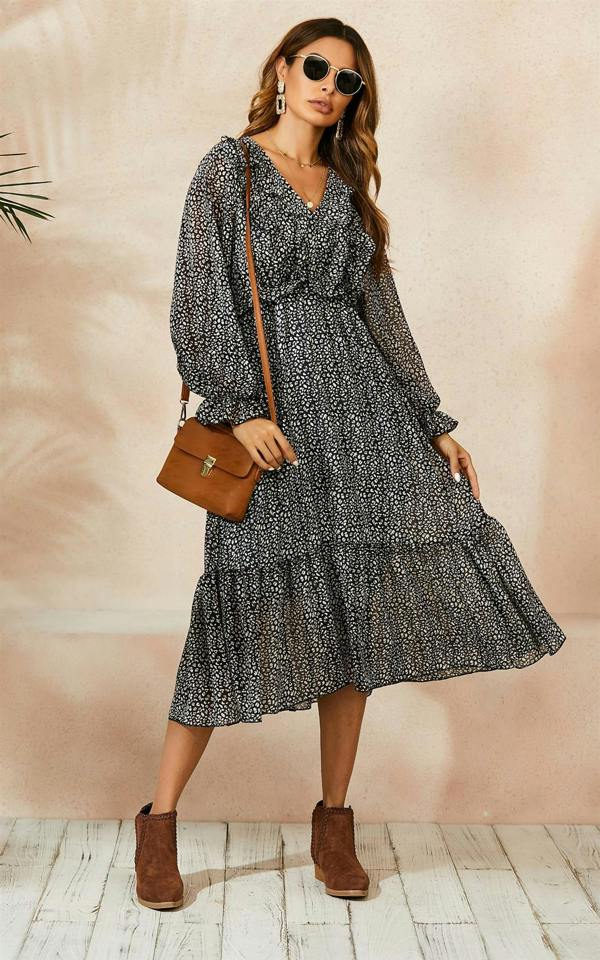 FS Collection Ruffled Chiffon Mini Dress In Black & White Leopard Print