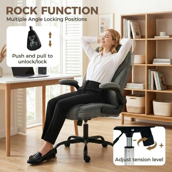 Office Chair, Ergonomic Desk Chair with Flip-up Armrest, Pocket Springs, Swivel Wheels, Adjustable Height, Dark Grey