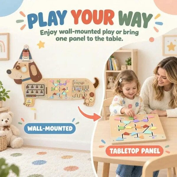 Bobobiy Montessori Inspired Busy Board, Wooden Dachshund Sensory Wall Panel for kids Touch, Feel & Learn, Classroom, Playroom