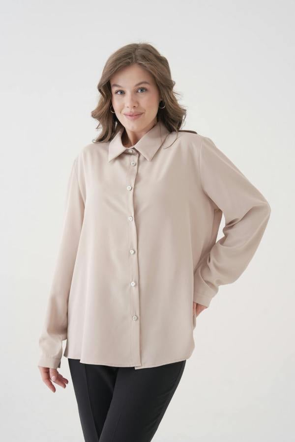 Hoxton Gal Oversized Long-Sleeves Pointed Collar Neckline Blouse in Beige