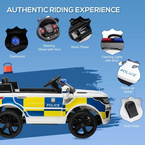 Bobobiy 12V Electric Car for Kids, Ride on Police Car with 2 Motors, Remote Control, Siren Flashing Lights, Auxiliary Wheels, for 3-6 Years, White