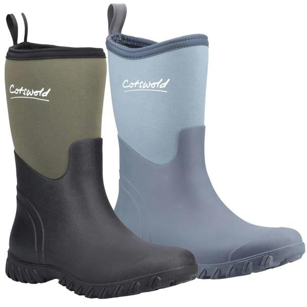 Cotswold Ashmead Womens Mid Calf Neoprene Wellington Wellies, color block waterproof rubber boots for women with slip-resistant soles.