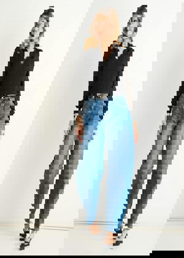 Gini London Black Dobby Chiffon Frill Neck Blouse