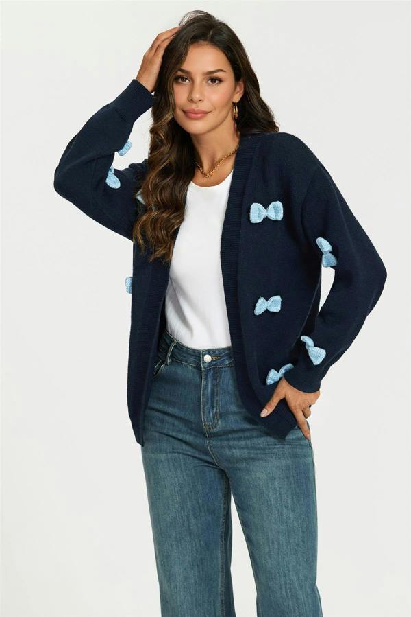 FS Collection Light Blue 3D Bow Cardigan In Navy