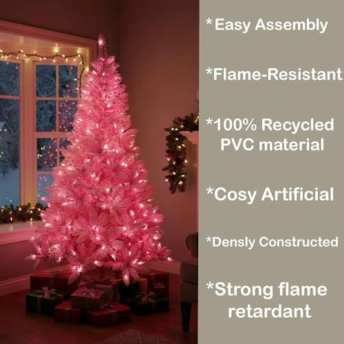 4ft to 8ft Pre-Lit Pink Flocked Christmas Tree with Snowy Finish and Built-In LED Lights image 8