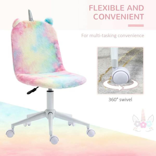 Rainbow unicorn office chair with plush cushion, swivel wheels, white base