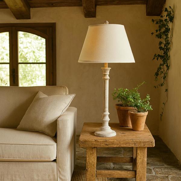 Wyld Haus Collonges Slim Pillar Wooden Table Lamp With Cream Linen Shade