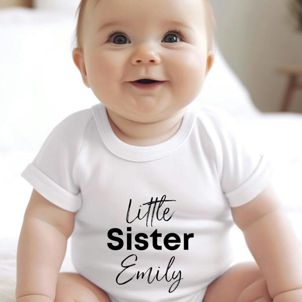 Personalised Black Little Sister Baby Grow, Vest or Bib with Name