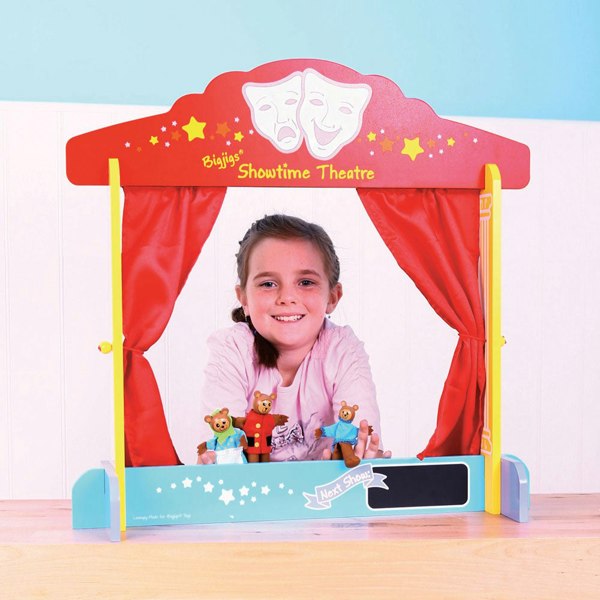 Bigjigs Toys Wooden Table Top Theatre, With Red Silk-Effect Curtains & Chalkboard