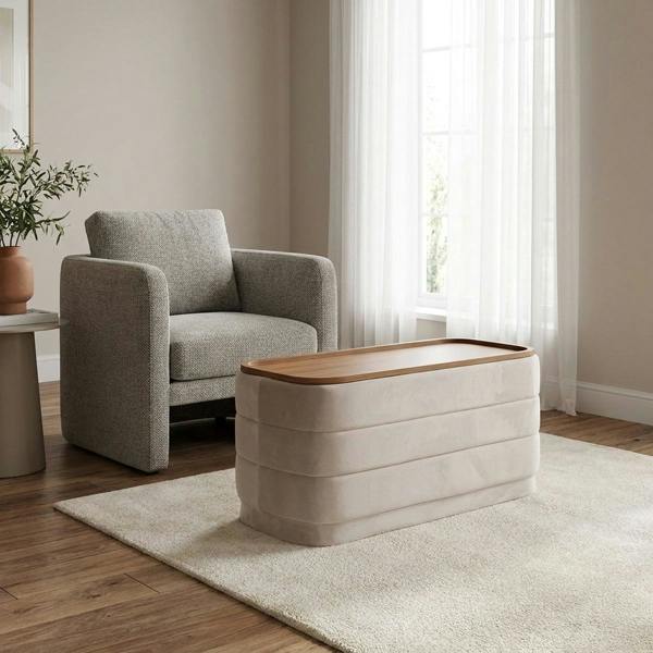 Garden Greatness Ivory Velvet Storage Ottoman with Tray Top