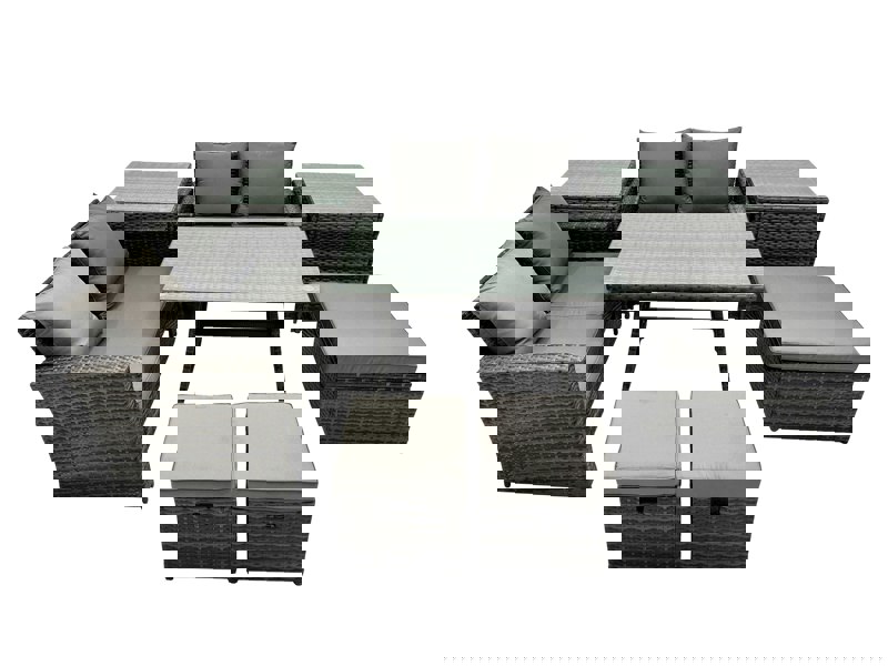 Fimous 7 Seater Wicker PE Rattan Furniture Outdoor Dining Table Double Seat Sofa 3 Stools 2 Side Table Set Dark Grey Mixed