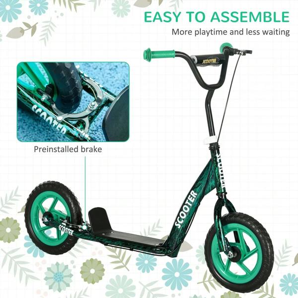 Green kids kick scooter with preinstalled brake, kickstand, and large EVA wheels