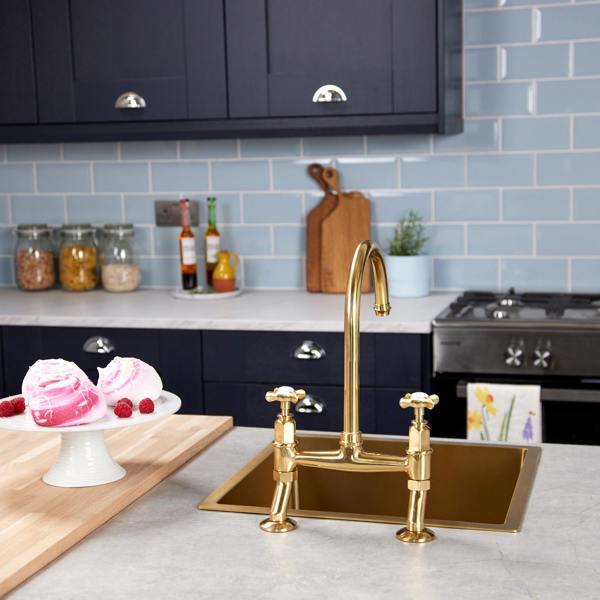 Flode Larvik | Kitchen Crosshead Bridge Mixer Tap | Polished Brass Finish