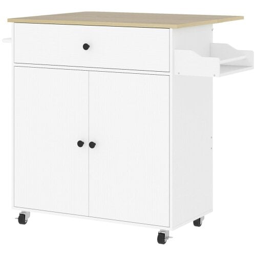 Wyld Haus Seto Wooden White Rolling Kitchen Island With Drop Leaf Drawer Spice Rack And Towel Rail