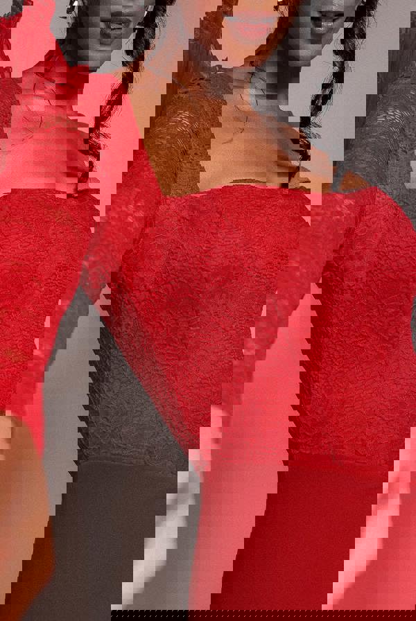 One Shoulder Organza  Fan Detail Lace Bodice Midi Dress - Red DR4607