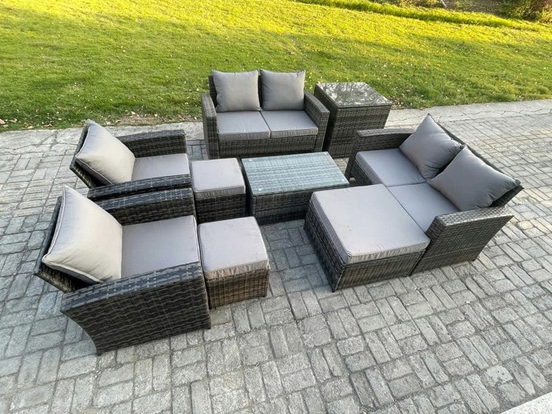 Fimous 9-Piece Rattan Garden Furniture Set - Dark Grey Mixed Outdoor Patio Sofa & Chair Set with Coffee Table & 3 Footstools