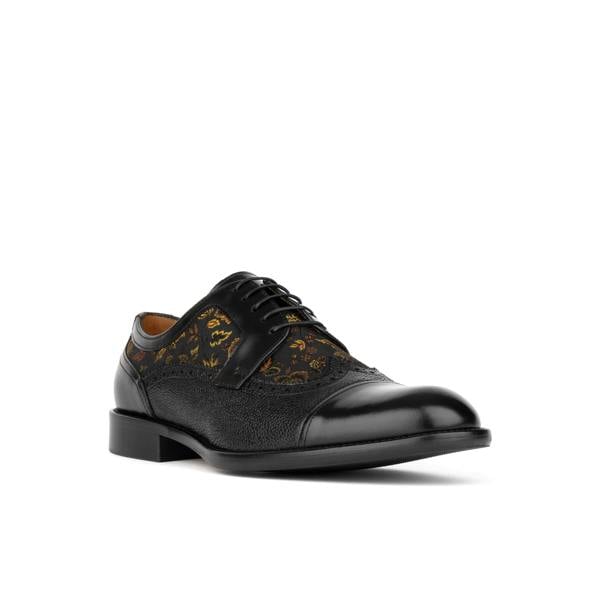 Embassy London Orlando - Black & Yellow Flowers - Men's toe cap dressy black shoe with flower print leather