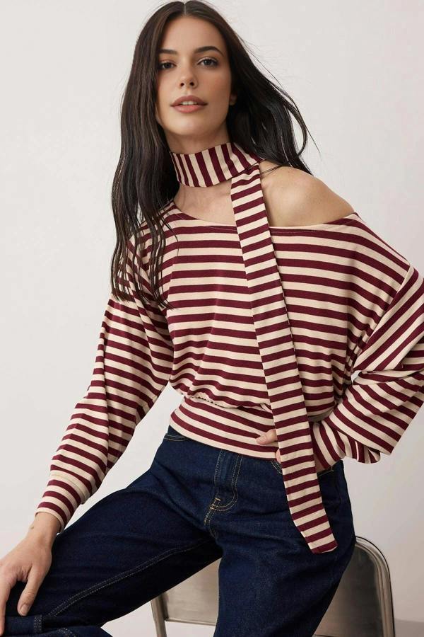 WOVCOR Striped Off-Shoulder Shawl Knitted Blouse with Accessory Detail