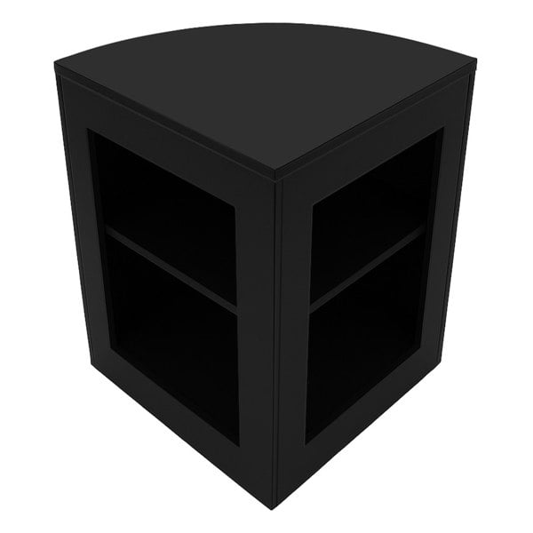Sleek black Selene LED shop counter set with a modern corner design, featuring two open shelves for display and storage