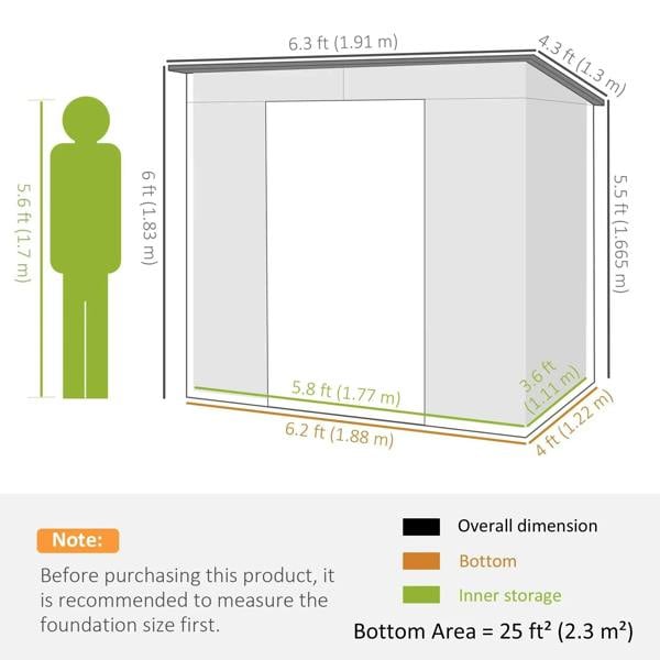 Garden shed size diagram with person scale and labeled width, depth, and height