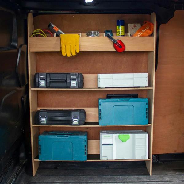 Ford Transit Custom toolbox van racking with wooden shelves, organized tools, and storage boxes in various colors and sizes