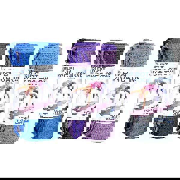 Three yoga towels in blue, purple, and gray with 'Yoga Mad' branding on a white background.