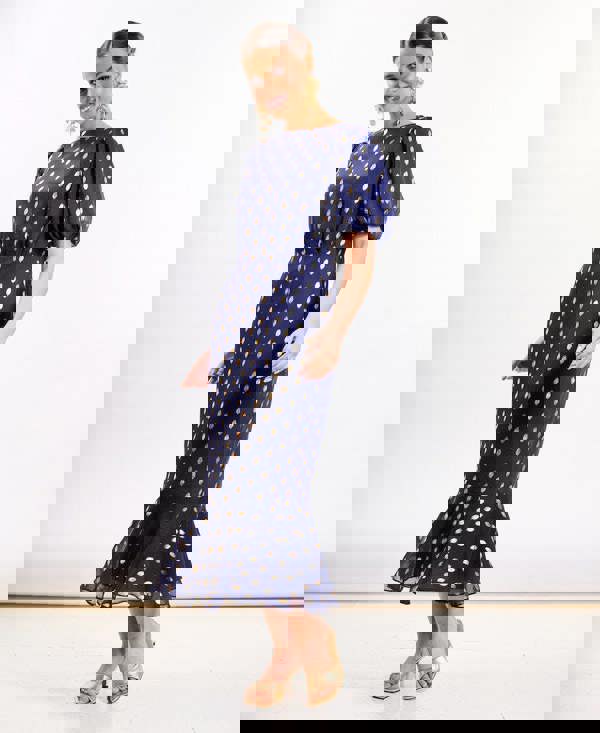 Navy Chiffon Foil Puff Sleeve Midi Dress