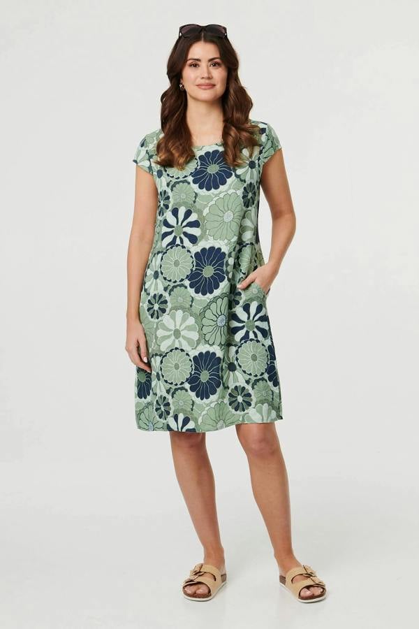 Green | Floral Cap Sleeve Shift Short Dress