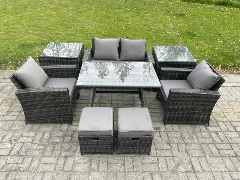 Fimous Rattan Wicker Garden Dining Set - Dark Grey Mixed Patio Conservatory Furniture with Rectangular Table, Armchair & 2-Seater Sofa