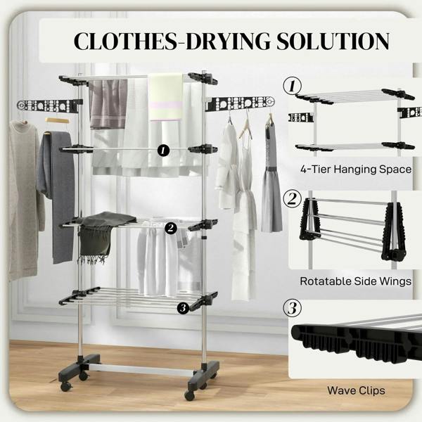 Black four-tier clothes drying rack with rotatable side wings and clip bars