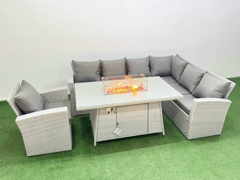 Fimous 7 Seat Rattan Garden Furniture Corner Sofa Set Outdoor Gas Fire Pit Table Set with Armchair Light Grey