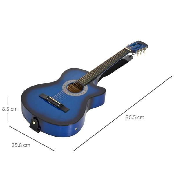 Blue glossy acoustic electric classical guitar with sound hole and strings, front-left view.