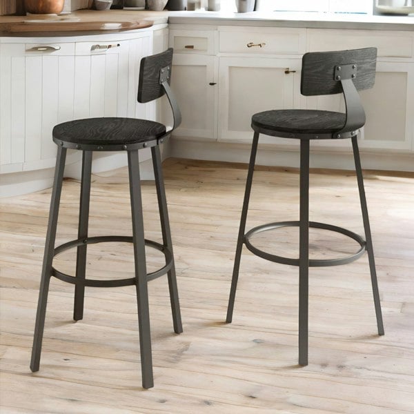 Rafaelo Mobilia Set of 2 Bar Stools With Metal Legs And Backrest Black