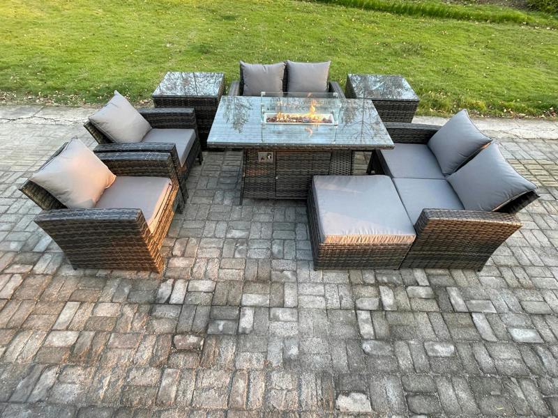 Fimous Wicker PE Rattan Garden Set, Patio Outdoor Gas Firepit Dining Table Heater, Double Seat Sofa, 2 Side Tables and Big Footstool, Dark Grey Mixed