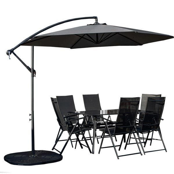 Samuel Alexander Outdoor 6 Person Rectangular Glass Top Garden Dining Table Chairs With Grey Banana Parasol and Base
