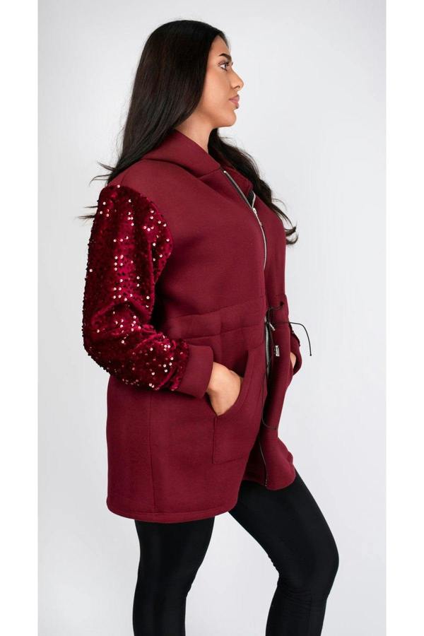 Evalora Zip Up Hoodie With Sequin Sleeve Detail - Wine